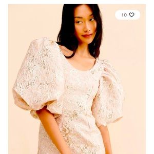 Metallic, light pink and gold puff sleeve mini dress.